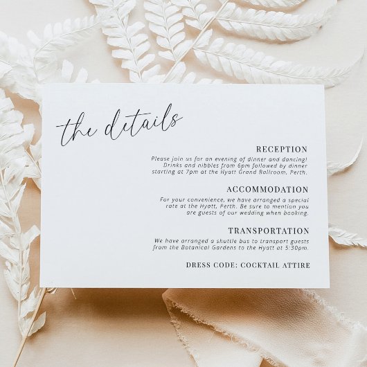 Moderne minimalistische trouwdetails horizontaal informatiekaartje