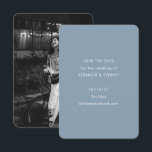 Moderne Minimalistische Trouwfoto Stofblauw Save The Date<br><div class="desc">Deze minimalistische 'save the date'-kaart heeft een zachte, stoffige blauwe voorkant met schone witte typografie, perfect om trouwdetails te laten zien in een verfijndere, moderne stijl. De achterkant bevat een volledige foto, waardoor koppels hun aankondiging kunnen personaliseren met een betekenisvolle afbeelding. Ideaal voor herfst- of bestemminghuwelijken met een kalme, verfijnde...</div>