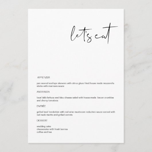 Moderne Minimalistische Trouwmenukaart met een Ran Menu (Voorkant)