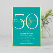 Moderne Minimalistische Turquoise Vijftig Script V Folie Uitnodiging (Staand Voorkant)