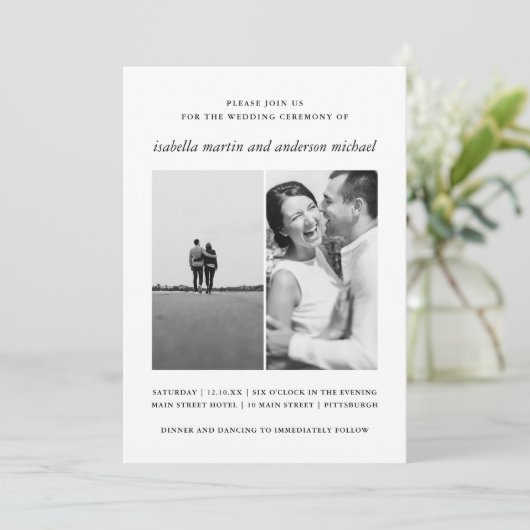 Moderne minimalistische twee foto bruiloft kaart (Staand voorkant)