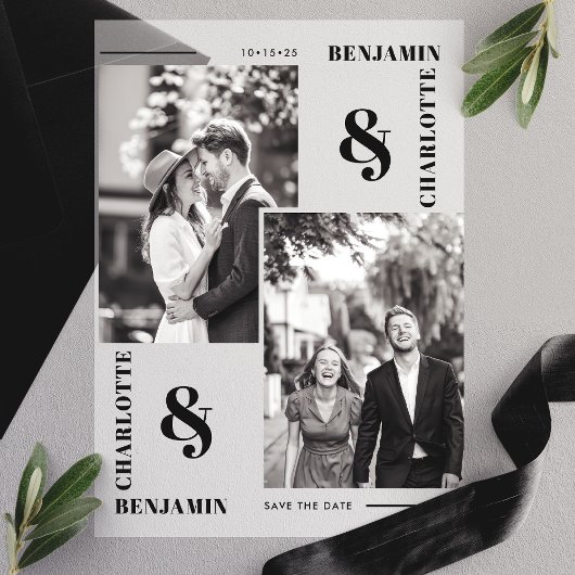 Moderne minimalistische twee foto's slaan de datum vellum uitnodigingen