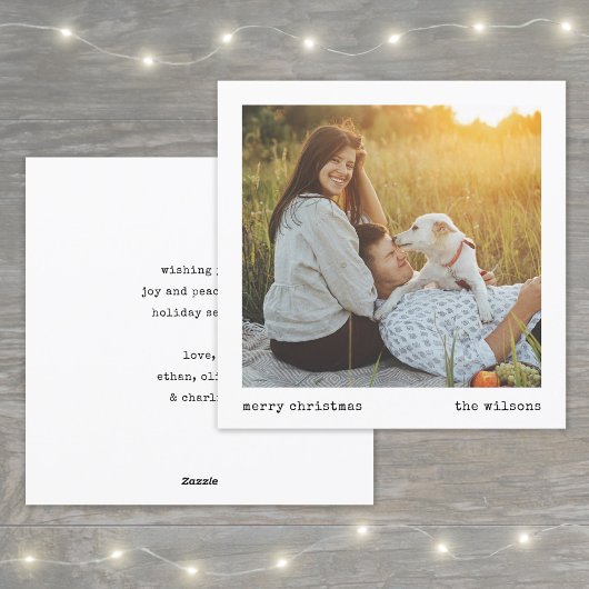 Moderne minimalistische typemachine kerstfoto feestdagenkaart