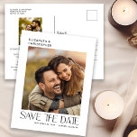 Moderne minimalistische typografie 2 foto Save the Briefkaart<br><div class="desc">Dit moderne save the date briefkaart heeft een minimalistisch design dat ruimte biedt voor twee foto's. De stijlvolle tekst wordt op een schone witte achtergrond weergegeven. Met aangepaste tekst,  op de achterkant,  kunt u uw trouwdetails toevoegen.</div>