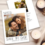 Moderne minimalistische typografie 2 foto Save the Save The Date<br><div class="desc">Deze moderne save the date kaart is voorzien van een minimalistisch ontwerp dat ruimte biedt voor twee foto's. De stijlvolle tekst wordt op een schone witte achtergrond weergegeven. Met aangepaste tekst,  op de achterkant,  kunt u uw trouwdetails toevoegen.</div>