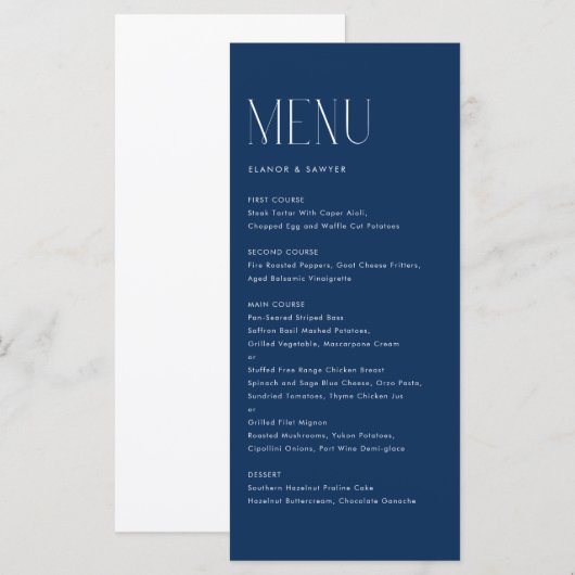 Moderne minimalistische typografie Navy Blue Weddi Menu (Voorkant / Achterkant)