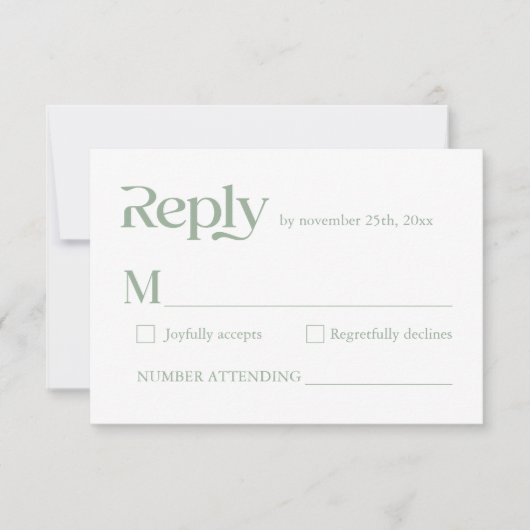 Moderne minimalistische typografie Sage Green Wedd RSVP Kaartje (Voorkant)