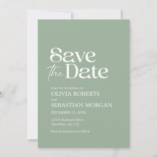 Moderne minimalistische typografie Sage Green Wedd Save The Date (Voorkant)