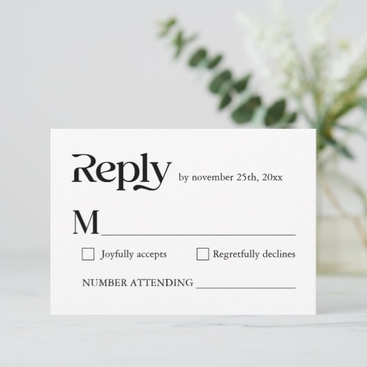 Moderne minimalistische typografie zwart wit bruil RSVP kaartje (Staand voorkant)