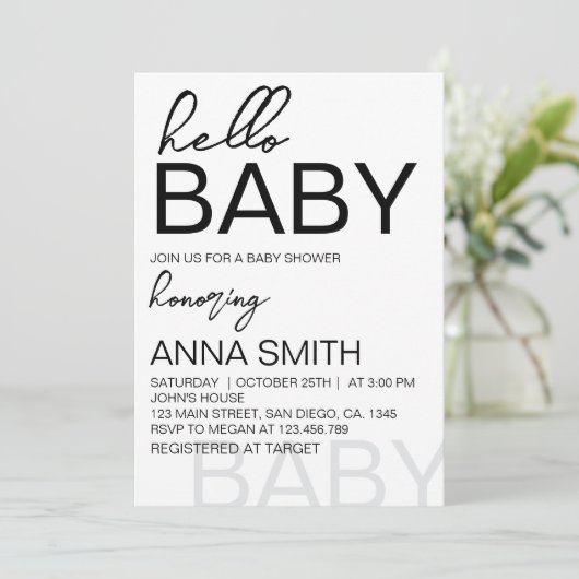 Moderne minimalistische uitnodiging tot Baby showe (Staand voorkant)