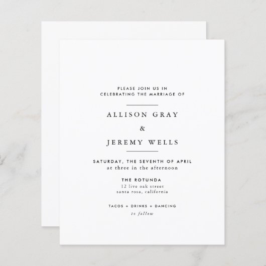 Moderne minimalistische uitnodiging voor bruiloft (Voorkant / Achterkant)