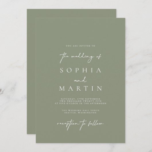 Moderne minimalistische uitnodiging voor groen huw (Voorkant / Achterkant)