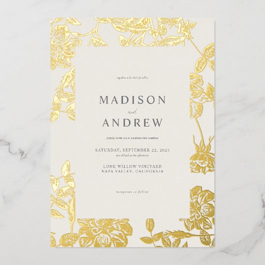 Moderne minimalistische vergulde bloemenbruiloft folie uitnodiging (Voorkant)