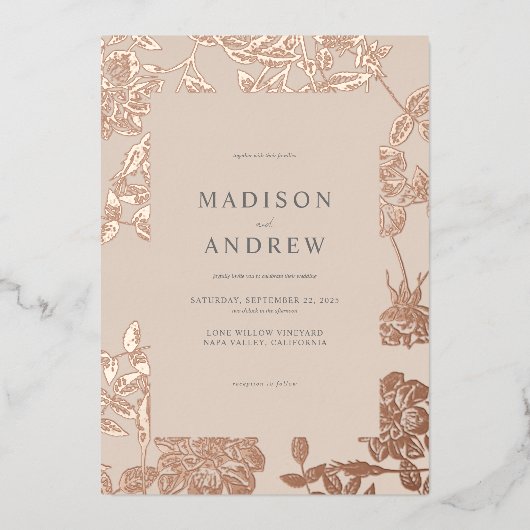 Moderne minimalistische vergulde Roos gouden bloem Folie Uitnodiging (Voorkant)