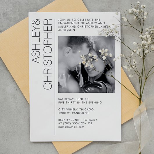 Moderne minimalistische verlovingsfeest B & W Foto Kaart