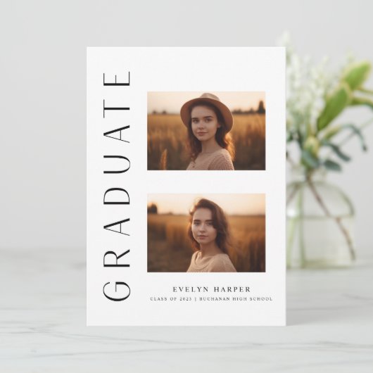 Moderne Minimalistische Verticale 3-Foto Afstudeer Kaart (Staand voorkant)