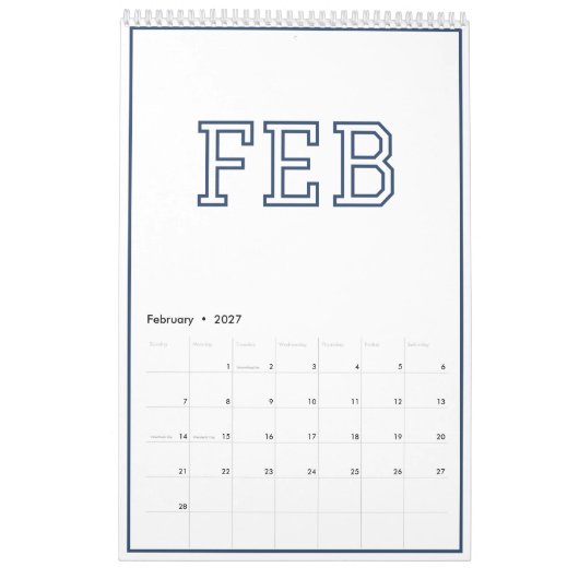 Moderne Minimalistische Verzorgde Navy Blauwe Kalender (Feb 2027)