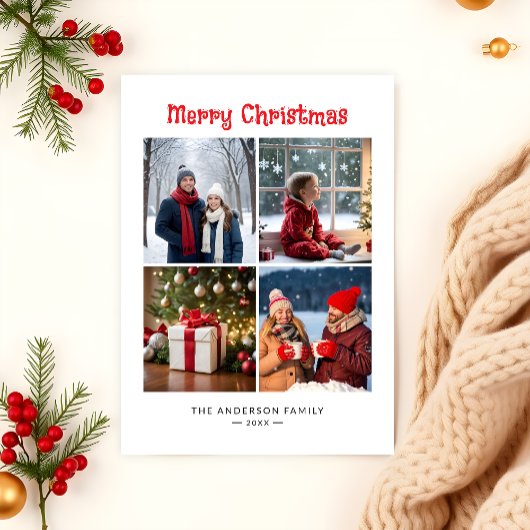 Moderne Minimalistische Vier Foto Collage Kerstmis Feestdagenkaart