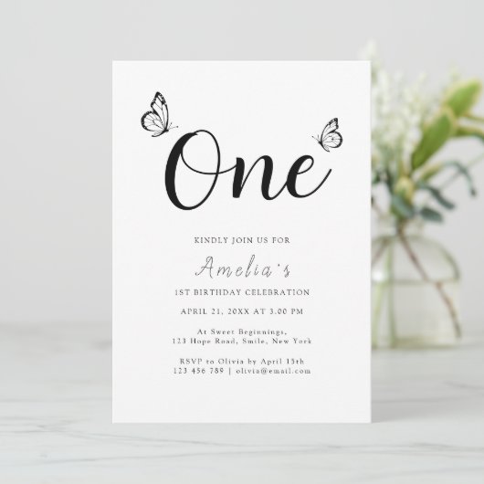 Moderne minimalistische vlinders 1e verjaardag fot kaart (Staand voorkant)