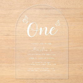 Moderne minimalistische vlinders schrijven 1e verj acryl uitnodigingen