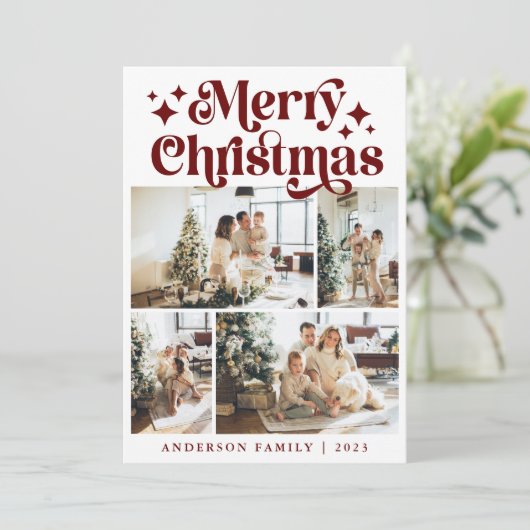 Moderne minimalistische vrolijke kerst vier foto r feestdagenkaart (Staand voorkant)