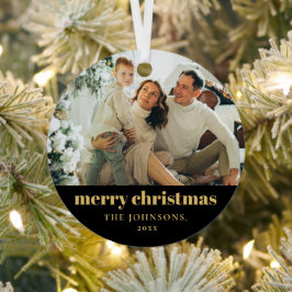 Moderne minimalistische vrolijke kerstfamilie foto metalen ornament