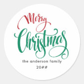 Moderne minimalistische vrolijke kerstnaam ronde sticker (Voorkant)