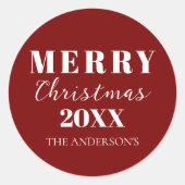 Moderne minimalistische vrolijke kerstrode verpakk ronde sticker (Voorkant)