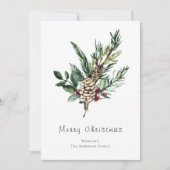 Moderne minimalistische Waterverf Holly Pine Cone Feestdagenkaart (Voorkant)