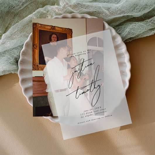 Moderne minimalistische weddenschap vellum uitnodigingen