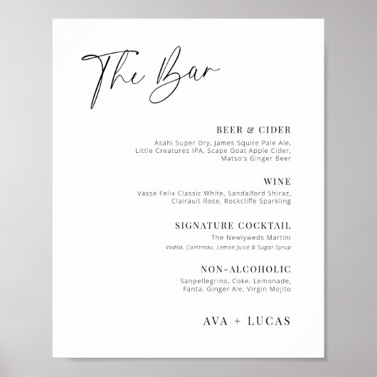 Moderne minimalistische Wedding Bar Menu Drink Lij Poster (Voorkant)