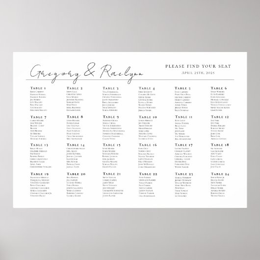 Moderne minimalistische weddingstoelenkaart, 24 ta poster (Voorkant)