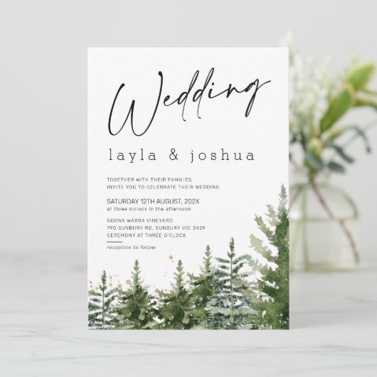 Moderne minimalistische Wilderness Pine Trees Wedd Kaart (Staand voorkant)