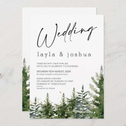 Moderne minimalistische Wilderness Pine Trees Wedd Kaart (Voorkant / Achterkant)