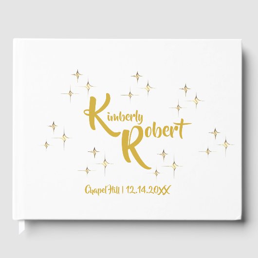 Moderne minimalistische wit & geel gouden bruiloft gastenboek (Voorkant)