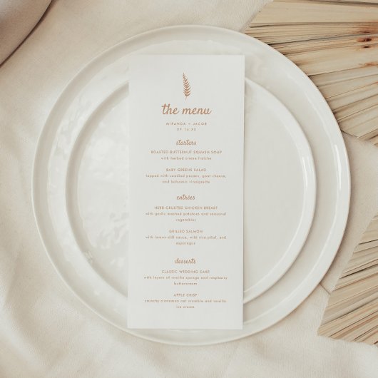 Moderne Minimalistische Witte & Beige Blad Bruilof Menu
