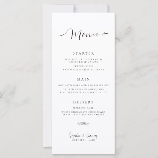 Moderne minimalistische witte bruiloft diner menu (Voorkant)
