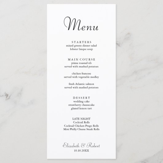 Moderne minimalistische witte bruiloft menu (Voorkant)