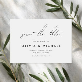 Moderne minimalistische witte bruiloft Save the Da Date