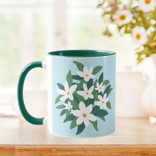 Moderne Minimalistische Witte Jasmin Bloem op Blau Mok