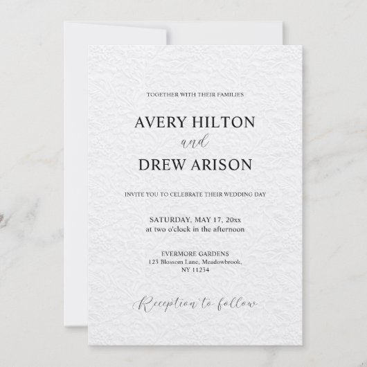 Moderne minimalistische witte kant bruiloft uitnod kaart (Voorkant)