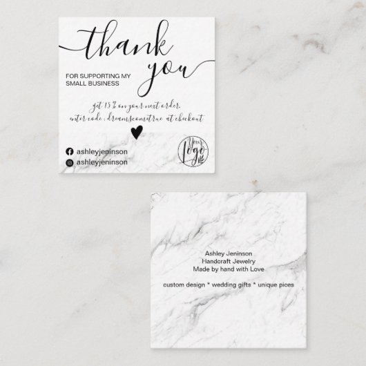Moderne minimalistische witte marbe orde bedankt vierkante visitekaartje (Voorkant / Achterkant)