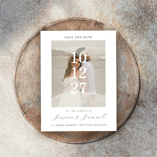 Moderne minimalistische witte overlay foto bruilof save the date