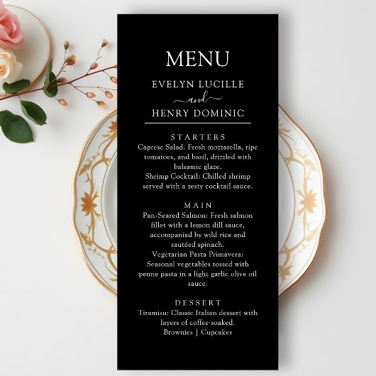 Moderne minimalistische witte script bruiloft dine menu