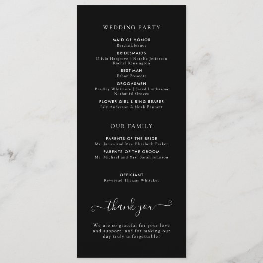 Moderne minimalistische witte script huwelijkscere programmakaart (Achterkant)