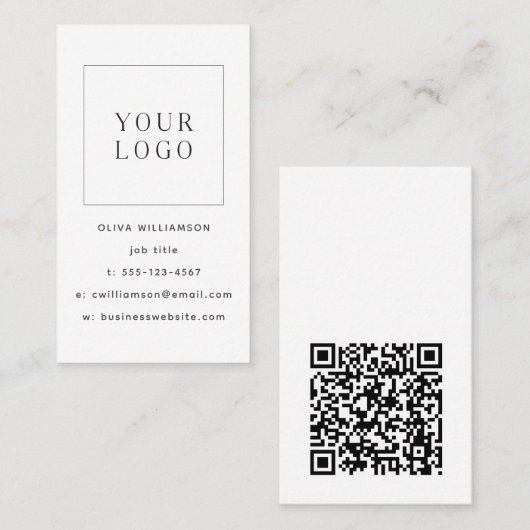 Moderne Minimalistische Witte Verticale Logo QR-co Visitekaartje (Voorkant / Achterkant)