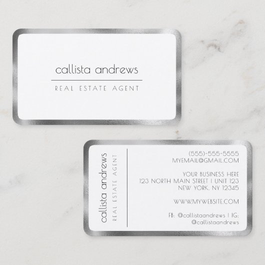 Moderne minimalistische witte zilveren rand visitekaartje (Voorkant / Achterkant)