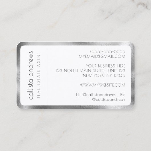 Moderne minimalistische witte zilveren rand visitekaartje (Achterkant)