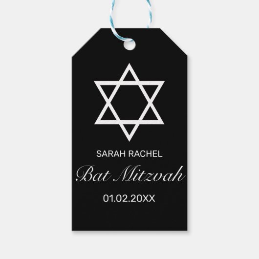 Moderne minimalistische witte zwarte bar bat mitzv cadeaulabel (Voorkant)