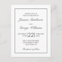 Moderne minimalistische witte zwarte bruiloft uitn briefkaart